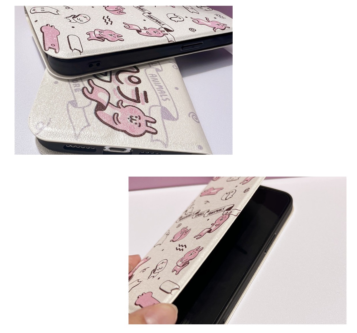 兎柄アイフォン13/14pro薄型ウサギ便利カード収納高級レザー