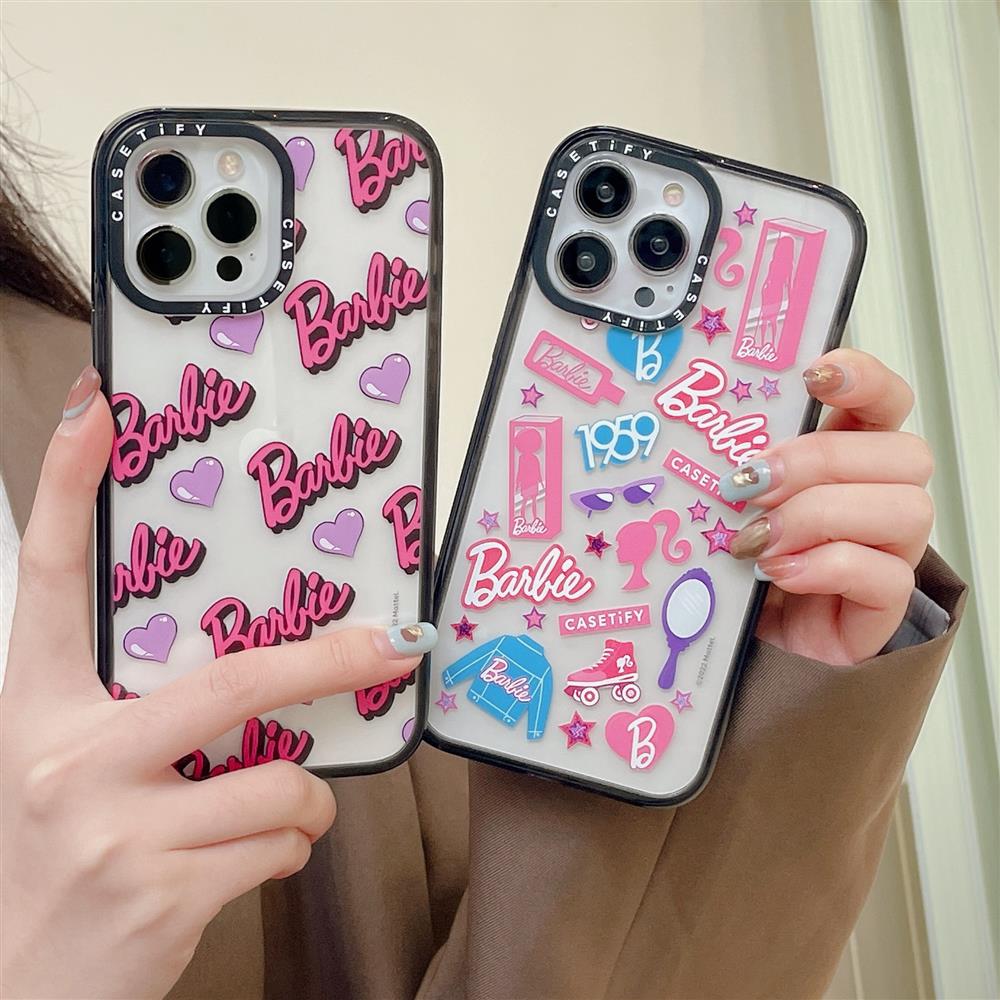 iPhone 14 Proスマホケースピンク色Barbie人形ハートアイフォン14/13proクリアケース