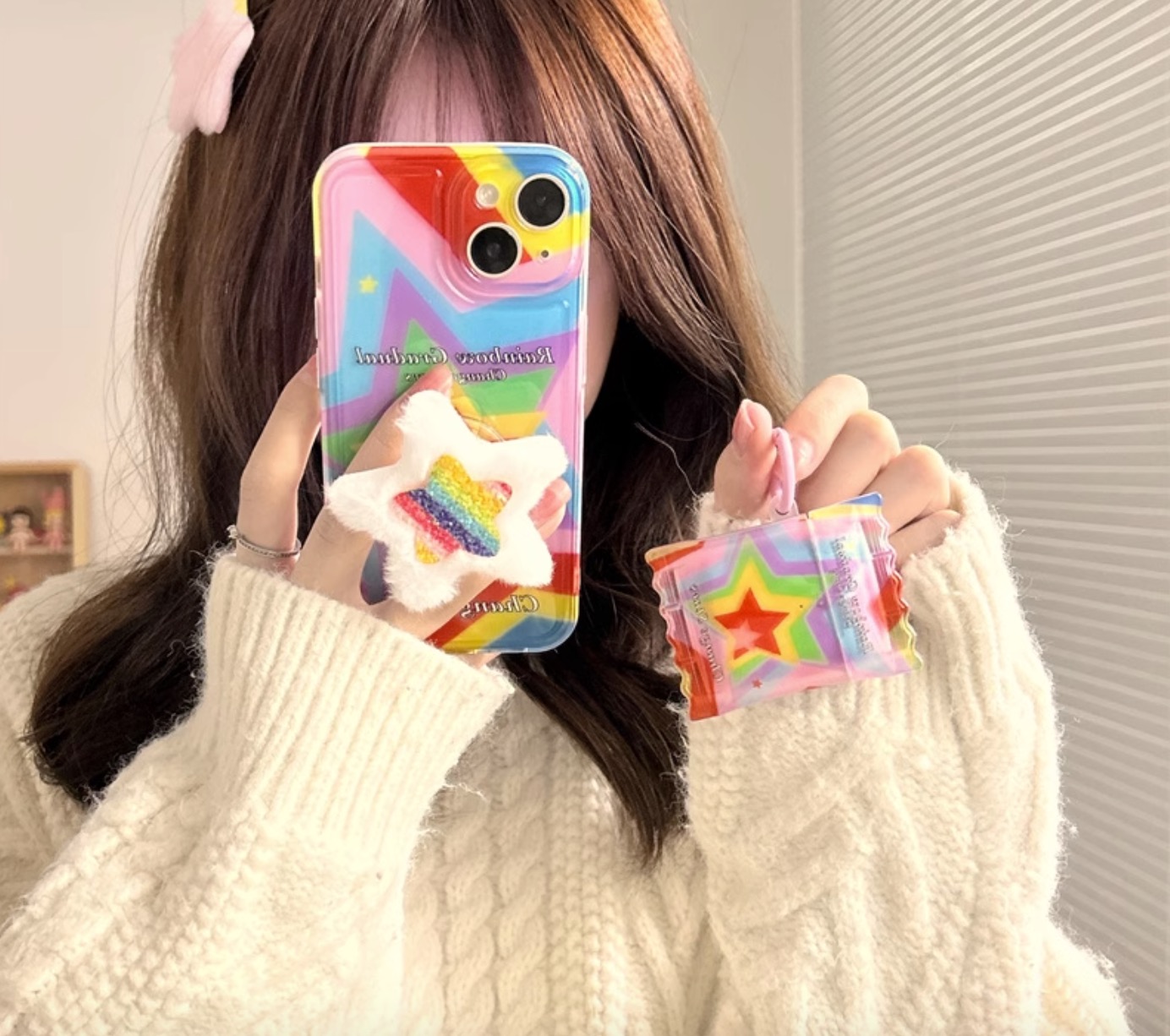 韓国おしゃれ虹色 星柄iphoneアイフォン13/13promax星スマホケース スタンド機能